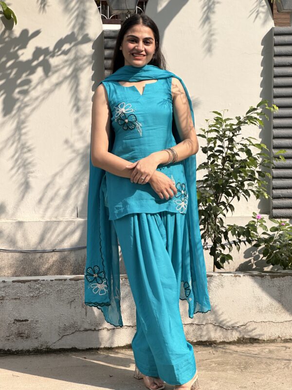 Teal Blossom Hand-Embroidered Suit